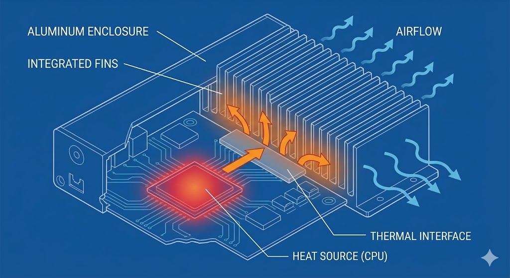 showing a cutaway view of an IoT device with internal heat dissipation paths